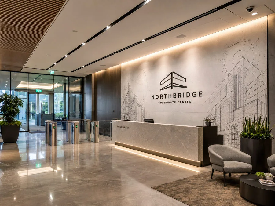 Corporate lobby wall printed with a "Northbridge Corporate Center" logo over line-drawn architectural sketches, behind a stone visitor check-in desk