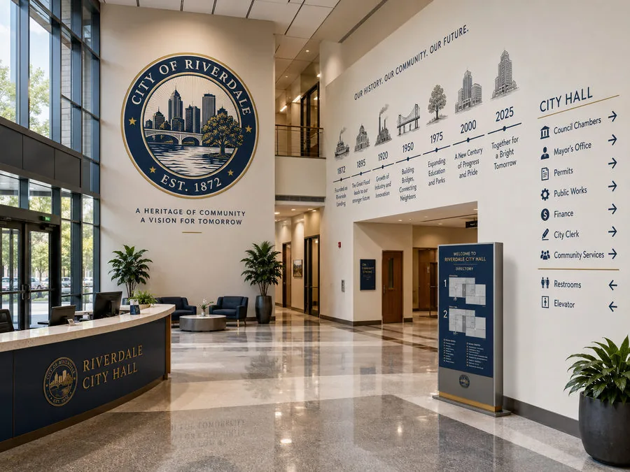 City hall lobby wall printed with a navy "City of Riverdale, Est. 1872" seal, a dated history timeline and a directory of departments