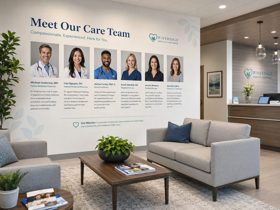 Medical practice waiting room with a printed "Meet Our Care Team" wall — physician and nurse portraits, biographies and the practice mission statement