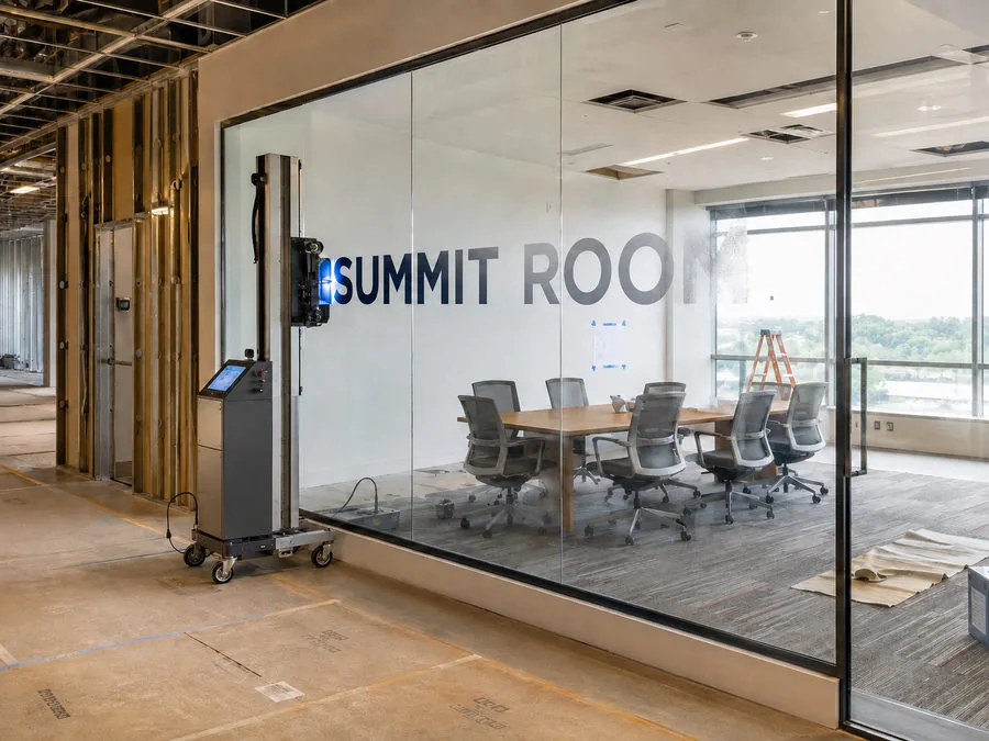 Unfinished office floor where the vertical printer applies large "Summit Room" lettering to the wall of a glass-walled meeting room