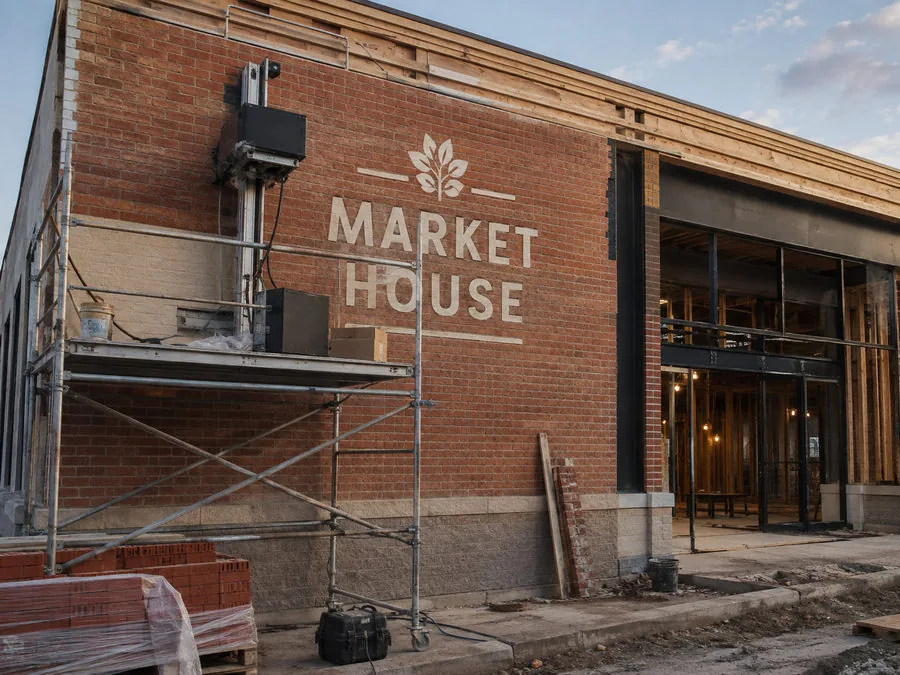 Brick storefront under construction with a wheat-sheaf logo and "Market House" lettering being printed on the wall beside scaffolding