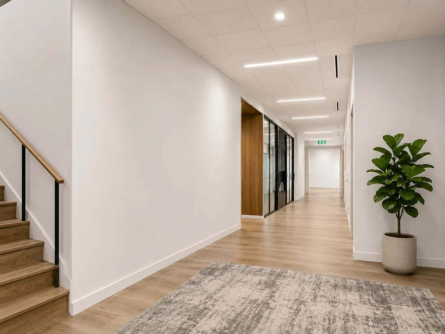 Blank white office corridor wall before wall printing, beside a staircase and glass partition