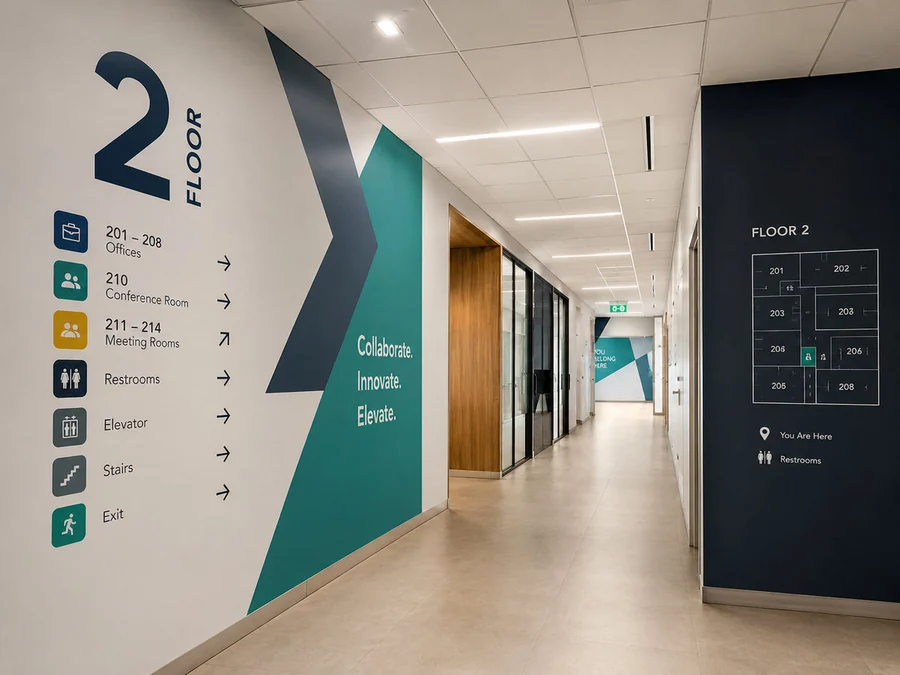 The same corridor after Carolina WallWorks printed floor wayfinding, a brand wall and a floor-plan panel directly onto the walls