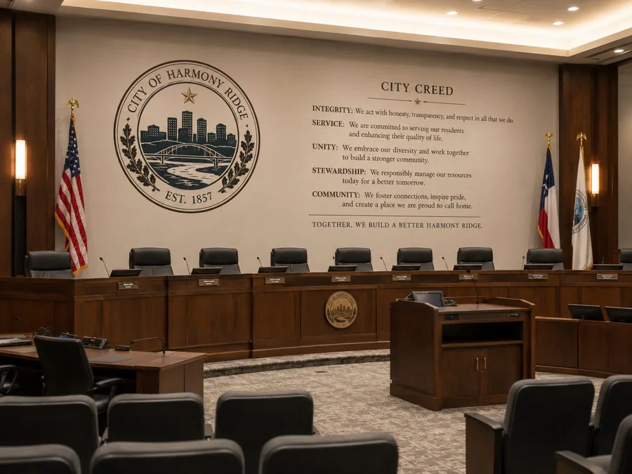 Council chamber wall printed with a city seal beside a "City Creed" listing integrity, service, unity, stewardship and community