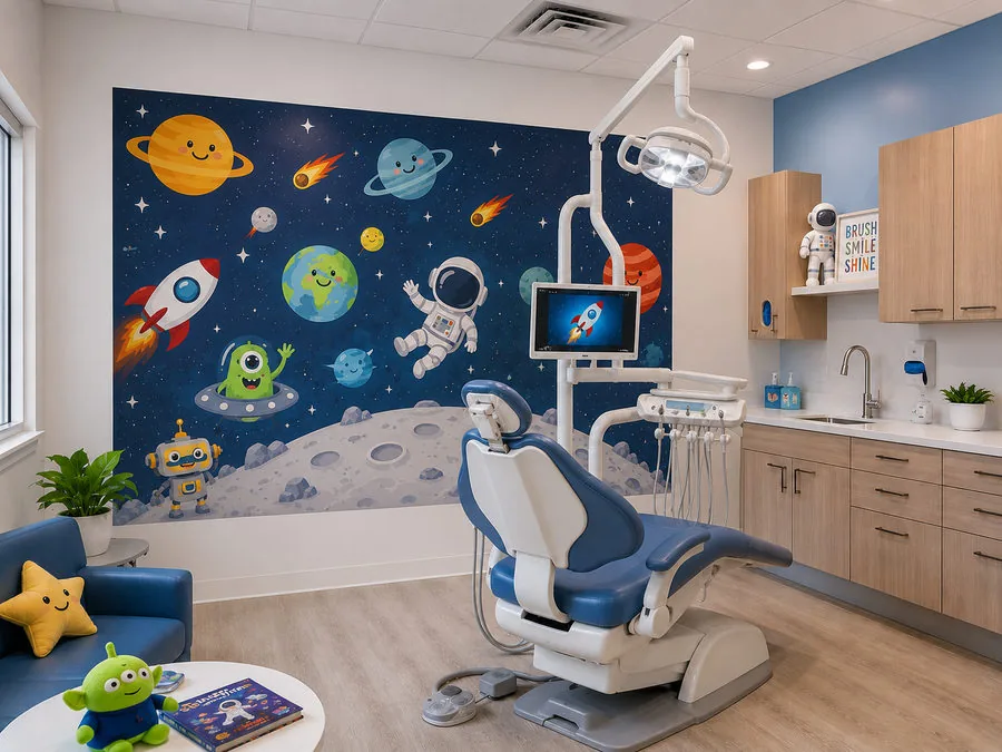 Pediatric dental treatment room with a printed outer-space mural of planets, a rocket and an astronaut filling the wall beside the chair