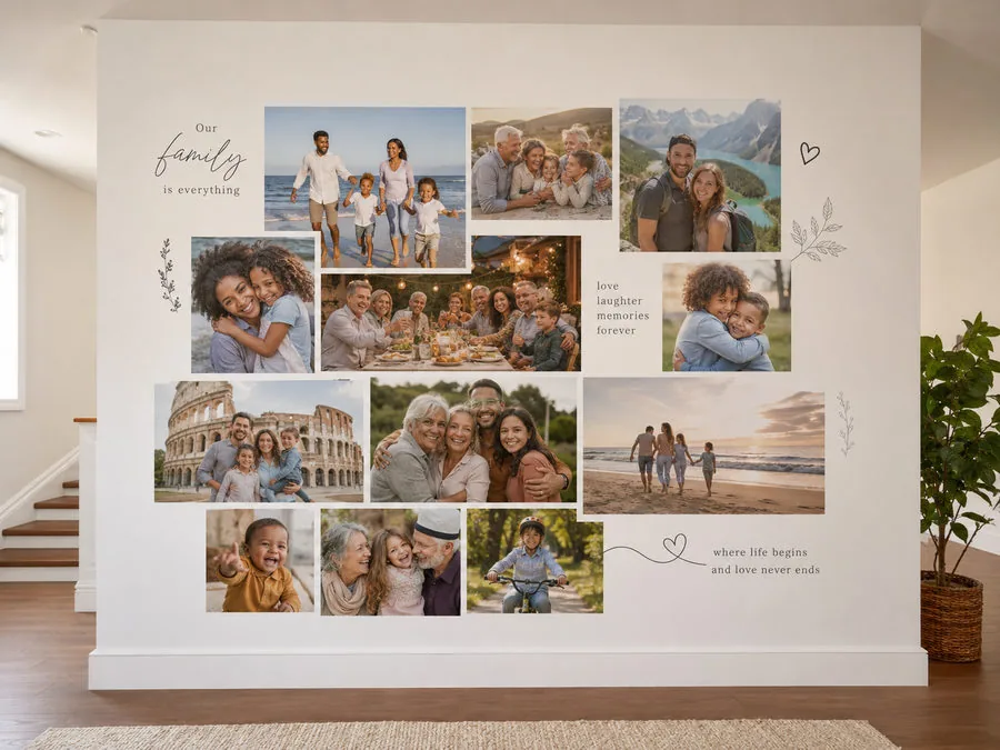 Hallway wall printed as a family photo collage with "Our family is everything" hand lettering and fine line illustrations