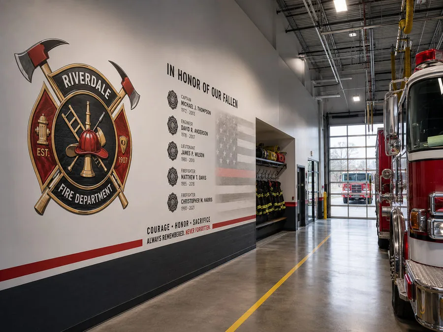 Fire station apparatus bay with a printed department crest and an "In Honor of Our Fallen" memorial wall beside the engine bay