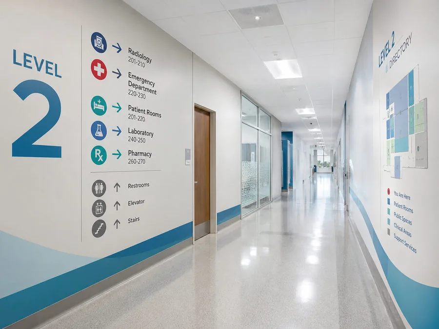 Hospital corridor with printed Level 2 wayfinding — departmental icons, room numbers, a floor directory panel and a blue accent wave running the length of the wall