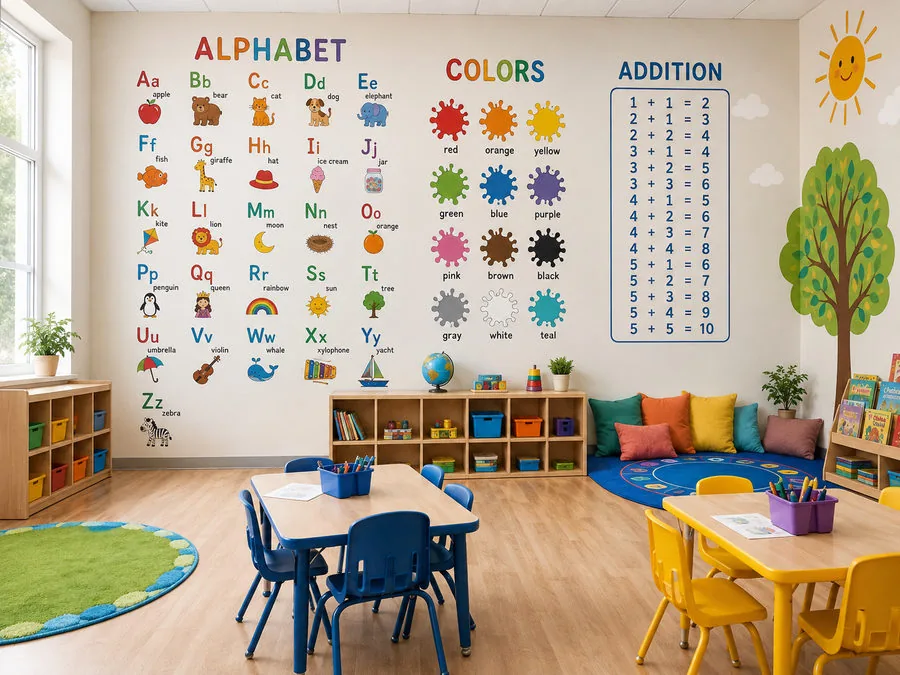 Kindergarten wall printed with colorful alphabet, colors and addition learning charts beside a painted tree and sun, above child-sized tables