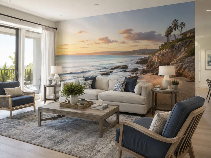 Living room with a full-wall coastal sunset mural printed behind the sofa, waves and palms running the length of the wall