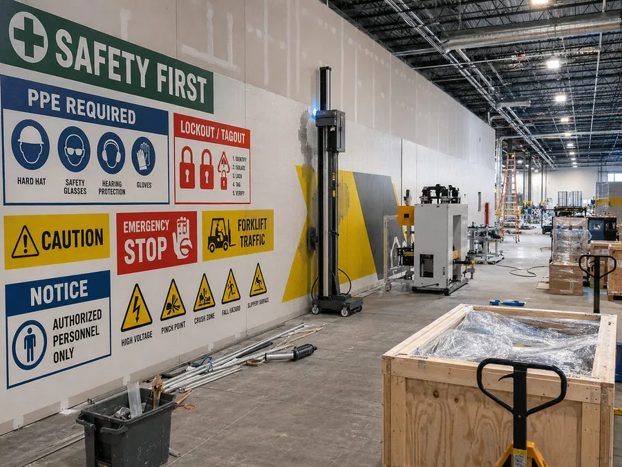 Factory wall printed with "Safety First", "PPE Required", "Lockout / Tagout" and caution signage panels beside machinery and crates