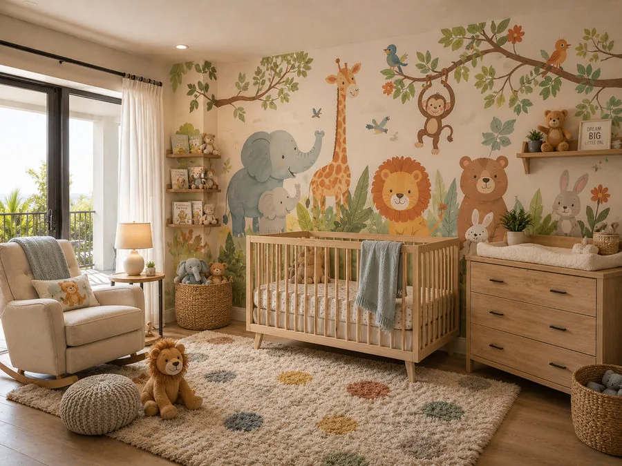 Nursery with a soft watercolor safari mural printed around the crib — elephant, giraffe, lion, bear and monkey among leafy branches
