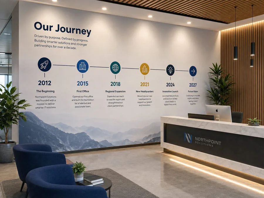 Office reception with an "Our Journey" company timeline wall printed behind the desk, milestone years running left to right over a mountain landscape