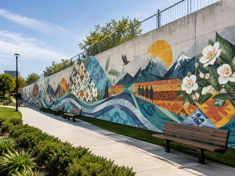 Long concrete park retaining wall printed with a geometric mural of mountains, rivers, dogwood blossoms, a bird and figures at sunrise