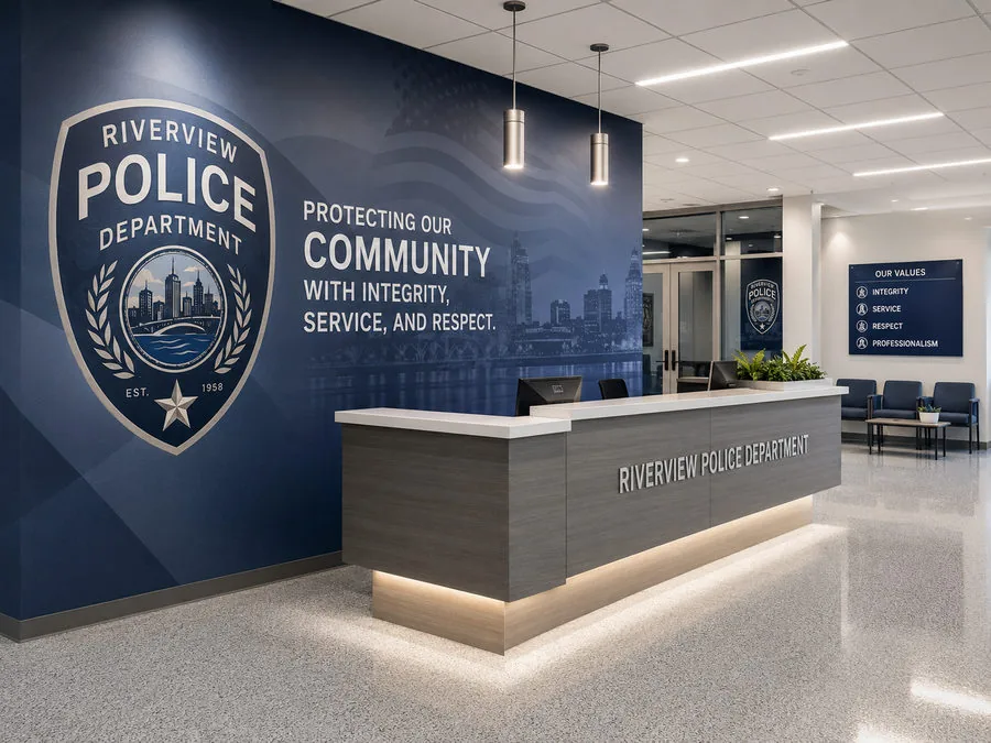 Police department reception with the department seal and a "Protecting Our Community" values wall printed floor to ceiling behind the front desk