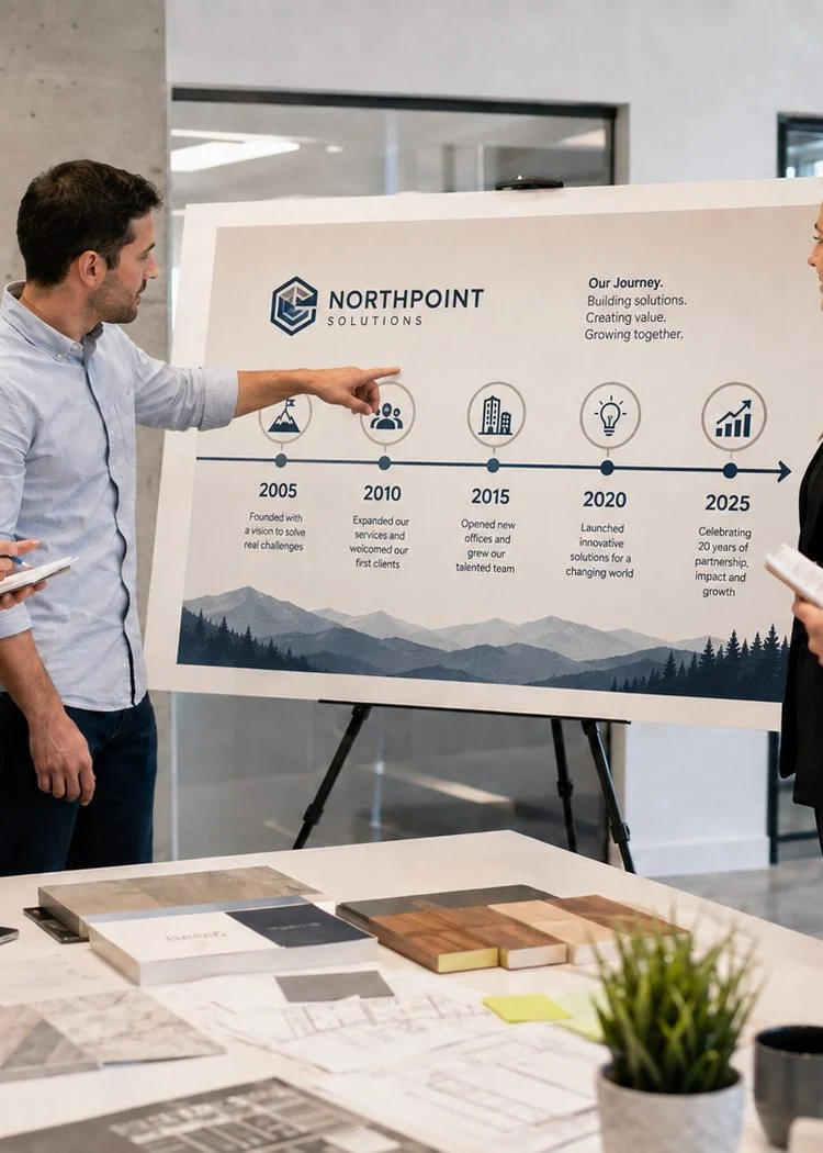 Clients gathered around a large printed design proof on an easel, one pointing at a milestone on the "Our Journey" timeline while material samples and floor plans lie on the table