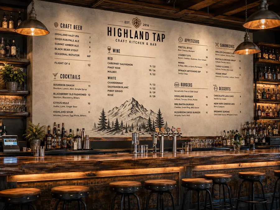Craft kitchen and bar with the full menu printed directly onto the wall behind the taps