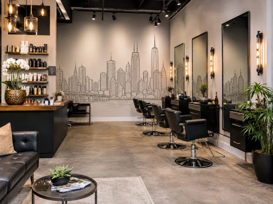 Hair salon with a hand-drawn city skyline printed the full width of the styling wall