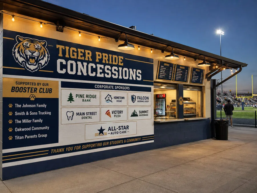 Stadium concession building printed with a tiger mascot, "Tiger Pride Concessions" lettering and a corporate sponsor and booster club donor panel at dusk