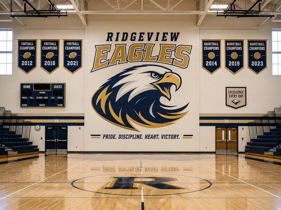 School gymnasium wall printed with a navy and gold eagle mascot reading "Ridgeview Eagles" above the motto "Pride. Discipline. Heart. Victory."