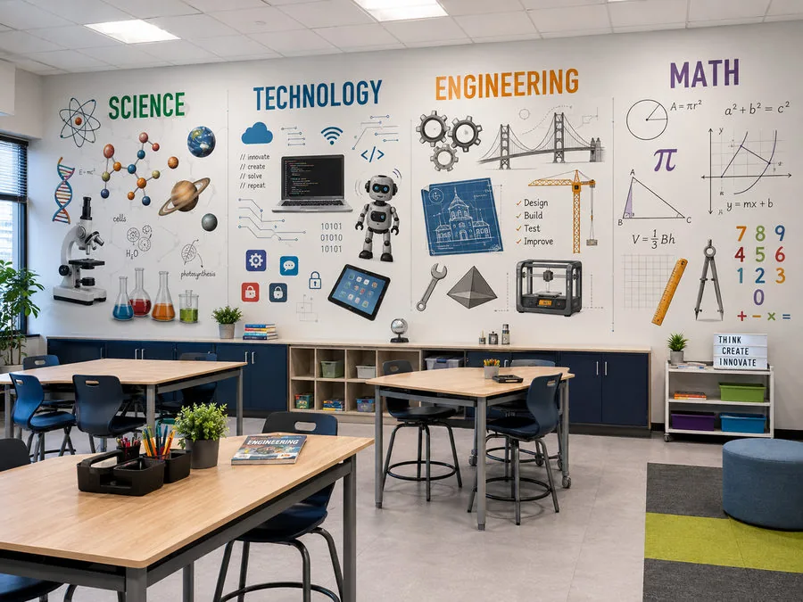 Classroom wall printed with a four-panel Science, Technology, Engineering and Math graphic showing atoms, circuitry, gears and equations above work tables