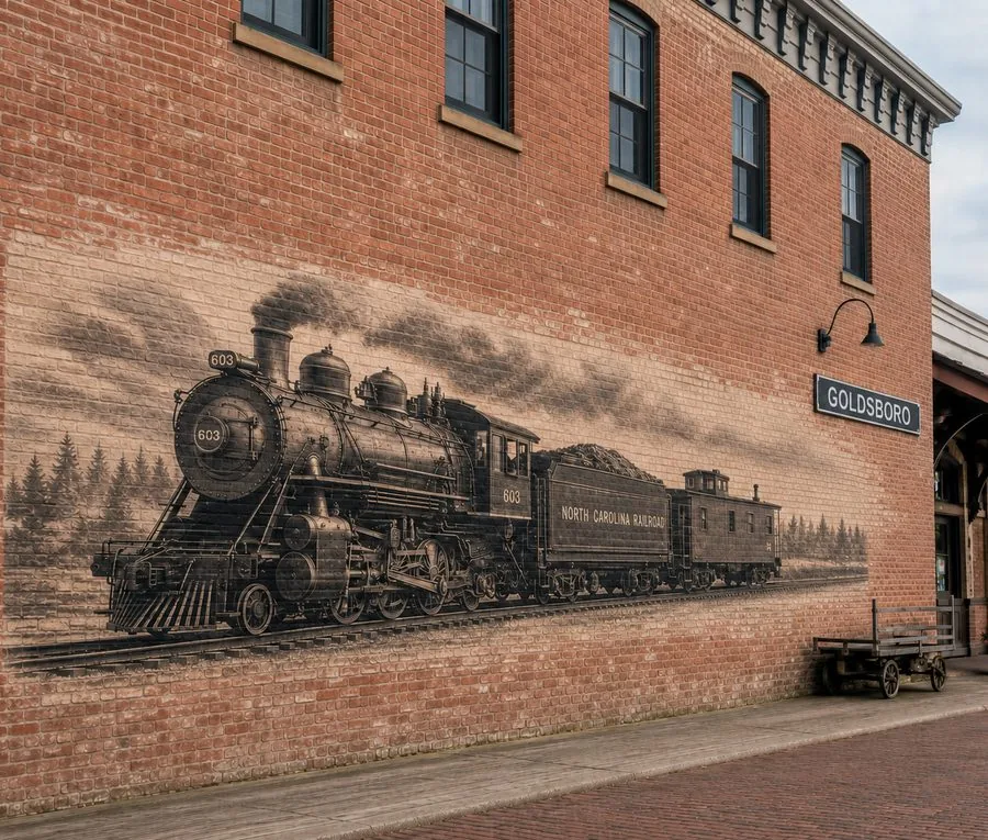A vintage North Carolina Railroad steam locomotive mural printed across the brick wall of the Goldsboro depot, smoke trailing over a treeline beside the covered platform
